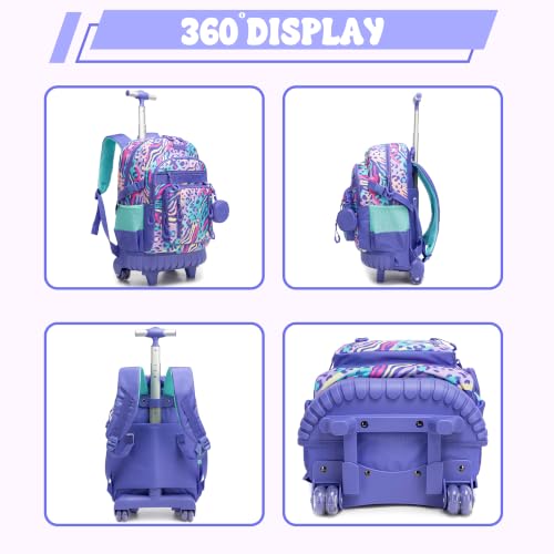 Meetbelify Rolling Backpack for Girls Boys Backpacks with Wheels Kids Carry on Luggage for Girls Boys - color: Blue Leopard