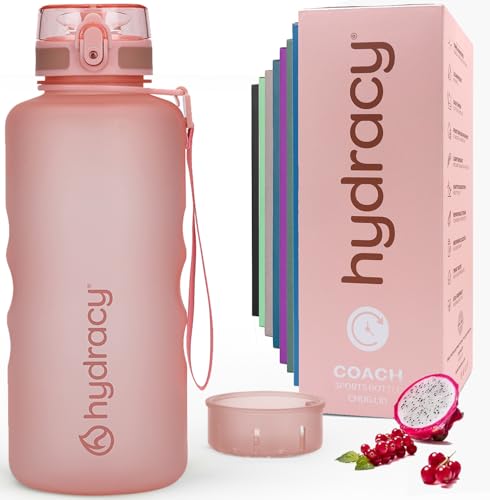 Hydracy Water Bottle with Time Marker Large Half Gallon 64 oz BPA Free Bottle & No Sweat Sleeve - Leak Proof Gym Bottle with Fruit Infuser Strainer & Times to Drink Ideal for Sports & Outdoors - color: Rose Gold, size: 64 Ounces