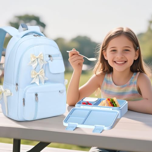 Bevalsa Backpack for Girls, Bow Kids Backpack with Bento Lunch Box, Insulated Bag & Utensils, 34oz Lunch Containers, Cute School Bookbag for Girls Children Teens for Elementary Middle Student (Blue) - color: Blue