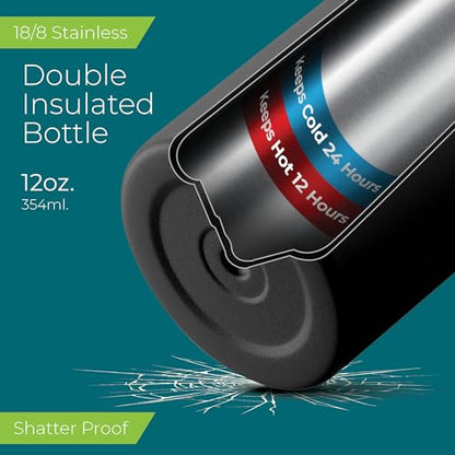 SIPX™ 12 oz Insulated Water Bottle with Straw Lid – Leakproof Stainless Steel, BPA-Free, Easy to Carry – Perfect for School, Camp, Sports & Travel – Black - color: Black