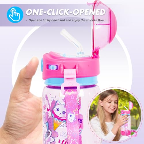 Kids Water Bottle with Straw/Lanyard for School Kids Girls Boys, 22oz BPA Free Child Drinking Water Bottle One-Click-Open Leak-Proof Locking Flip Lid for School Sport Travel - color: H07. Cat