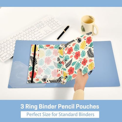 Blueangle Hibiscus Tropical Leaf Pencil Pouch for 3 Ring Binder, 2 Pack Clear Window Zipper Pencil Bags for Office