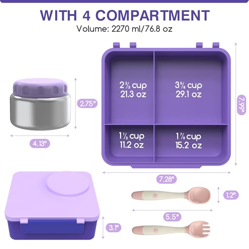Bento Box for Kids - Leak-Proof Bento Lunch Box with Insulated Thermo Food Jar - 4 Compartments, 1 Removable Divider, 1 Spoon, 1 Fork - Dishwasher Safe, BPA-Free (Light purple) - color: Light Purple