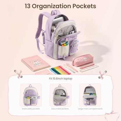 LOVEVOOK School Backpack for Teen Girls, Student Backpack Purse for 8-16 Teenage, Cute Kid Bookbag with Large Cup Holder, Back to School Backpacks Fit 15.6 Inch Laptop, Large College Travel Bag Gift - color: Off White With Khaki With Reflective Strip, siz