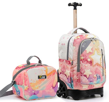 NEW TILAMI Girls 18 inch Rolling Backpack - Large Capacity, Waterproof, Adjustable Handle, Stylish Design, Ideal for School & Travel, Starshine - color: Starshine