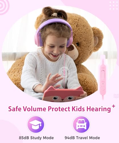 rockpapa Kids Headphones, Wired Headphones for Kids with Microphone, 85/94dB Volume Limiter Head Phones for Girls Boys, Foldable Headphone for School Tablet Laptop Purple Pink - color: Purple Pink