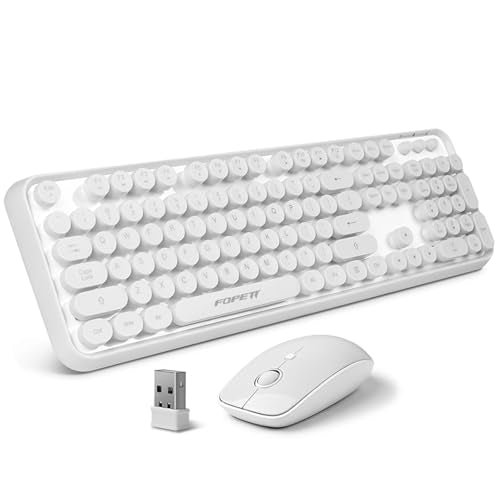 Wireless Keyboard and Mouse | Cute Colorful Keyboard and Mouse with 2.4GHz Cordless Retro Typewriter Keyboard | Auto-Sleep | USB Receiver for Windows PC/Laptop - White - color: 104Keys White