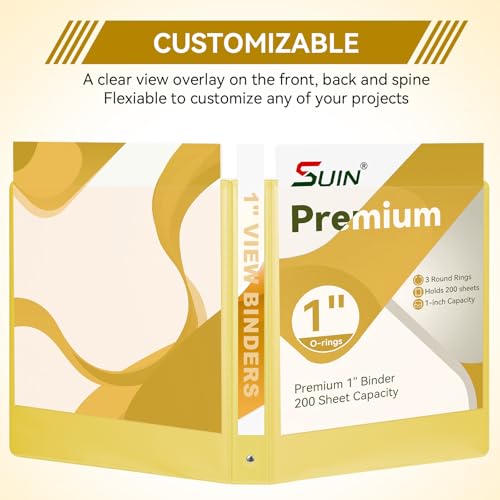 SUIN 1 Inch 3 Ring Binder, Clear 1'' View Presentation Binders with 2 Pockets, Fits 8.5 x 11 Letter Size, Durable Polypropylene, Non-Stick & PVC-Free for School, Office & Home (Yellow) - color: Yellow