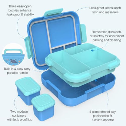 Caperci Bento Box for Kids Age 4-8 - Leak-Proof Toddler Lunch Box Container with 2 Modular Containers & 4 Compartments, Hold 4.8 Cups, Portable Handle, BPA-Free, Microwave/Dishwasher Safe (Sea Life) - color: Sea Life
