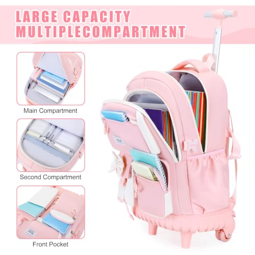 Bevalsa Rolling Backpack for Girls, Roller Backpack with Wheels, Cute Bow Wheeled School Bookbag Set with Lunch Bag & Pen Case, Suitcases for Kids Teens Elementary Middle Student (Pink Beige) - color: Pink Beige