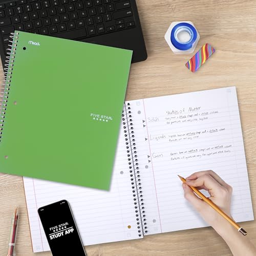 Five Star Spiral Notebook + Study App, 3 Subject, Wide Ruled Paper, 8" x 10-1/2", 150 Sheets, Fights Ink Bleed, Water Resistant Cover, Forest Green (73176) - color: Green, size: 8" x 10-1/2" (Pack of 1)