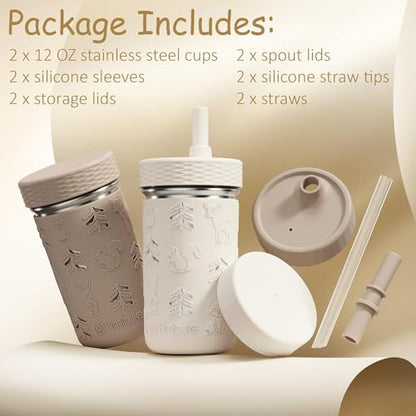 Fimibuke Toddler Cups Spill Proof, 12 OZ Sippy Cups for Kid Girl Boy, Stainless Steel Tumbler with Lid, Removable Silicone Straw & Sleeve, BPA Free Dishwasher Safe Water Bottle Snack Container 2 Pack - color: Khaki/Beige, size: 12 Ounces