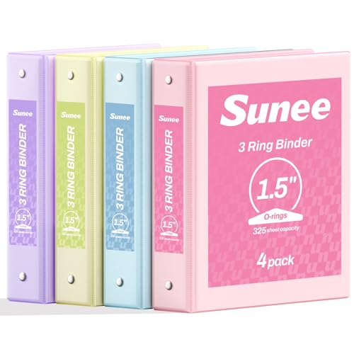 SUNEE 1.5 Inch Binders 3 Ring 4 Pack, Clear View 1 1/2 Inch Binders Three Ring PVC-Free (Fit 8.5x11 Inches) for School or Office Supplies, Assorted Pastel - color: Pastel, size: 1.5 Inch, style: 4 Pack