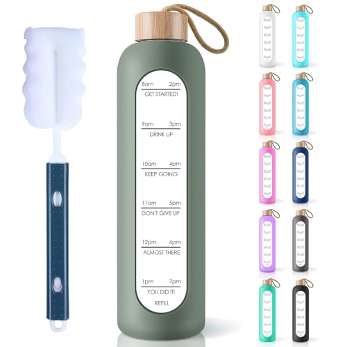 PROBTTL 25 oz Glass Water Bottles - Time Marker Motivational Borosilicate Glass Water Bottle With Silicone Sleeve and Bamboo Lid, Leak Proof, Reusable, BPA Free (Olive) - color: Olive, size: 25 Ounces