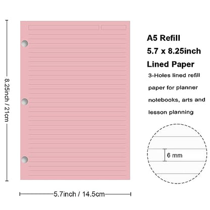 A5 Filler Paper, 3 Hole Notebook Refills Paper for 3 Ring Refillable Binder, 110 Gsm 5-Color Loose Leaf Planner Refill Paper, 100 Sheets/200 Pages, 5.7 x 8.3 Inch - color: green