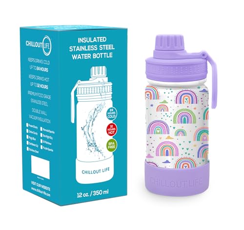 CHILLOUT LIFE 12oz Kids Insulated Stainless Steel Water Bottle with Leak Proof Spout Lid & 144 Stickers - color: Rainbows, style: 12 oz