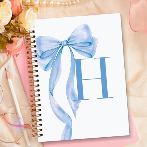 JXREQ Coquette Blue Bow Personalized Notebook, Initial Letter H Monogram Journal, Preppy Girly Ribbon Bow Journal, Monogrammed Gifts for Women, Aesthetic Spiral Notebook 5.5x8.3 - color: H Blue