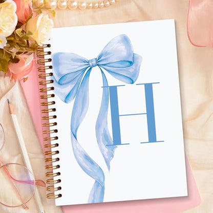 JXREQ Coquette Blue Bow Personalized Notebook, Initial Letter H Monogram Journal, Preppy Girly Ribbon Bow Journal, Monogrammed Gifts for Women, Aesthetic Spiral Notebook 5.5x8.3 - color: H Blue
