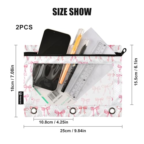 Wamika Bowknot Pink White Binder Pouches 3 Ring for Boys Girls School Office College Supplies Cute Bow Ribbon Doodle Pattern Pencil Pouches Case Bag with Clear Window and Zipper 2 pack - color: Bowknot