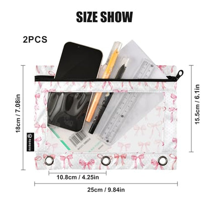 Wamika Bowknot Pink White Binder Pouches 3 Ring for Boys Girls School Office College Supplies Cute Bow Ribbon Doodle Pattern Pencil Pouches Case Bag with Clear Window and Zipper 2 pack - color: Bowknot