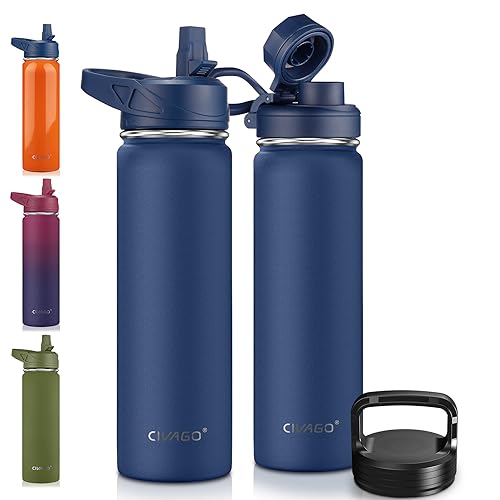 CIVAGO 22 oz Insulated Water Bottle With Straw, Stainless Steel Sports Water Flask Cup with 3 Lids (Straw, Portable Spout and Handle Lid), Double Walled Travel Thermal Canteen Mug, Navy Blue - color: .Navy Blue, size: 22 Ounces