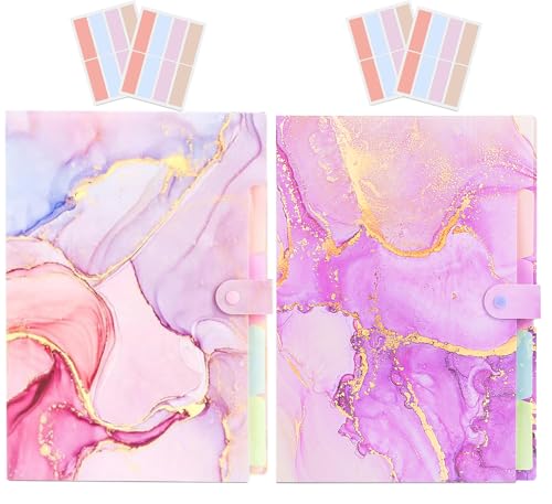 Expanding File Folder,Folders for Important Documents Organizer,Accordion File Organizer,Aesthetic Folders for School Students,5 Pockets File Folder for Home Bills,Pack of 2(Pink+Purple) - color: Pink+purple Marble