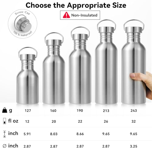 Volhoply 22oz Uninsulated Single Walled Water Bottle 4 Pack, Stainless Steel Reusable Water Bottles with Handle, BPA Free & Plastic Free 18/8 304 Metal Water Bottles for Camping, Hikers, Cyclists - size: 22 Ounces
