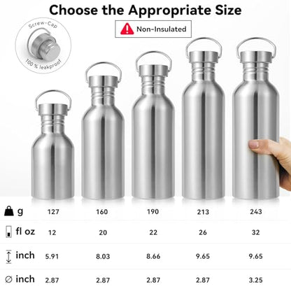 Volhoply 22oz Uninsulated Single Walled Water Bottle 4 Pack, Stainless Steel Reusable Water Bottles with Handle, BPA Free & Plastic Free 18/8 304 Metal Water Bottles for Camping, Hikers, Cyclists - size: 22 Ounces