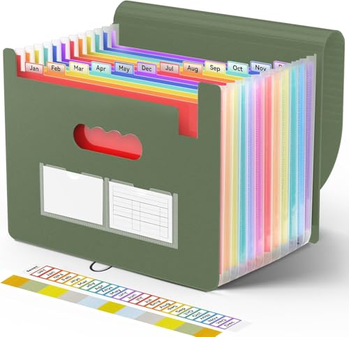 Sooez Accordion File Organizer, 13 Pockets Expanding File Folders, Portable Monthly Paper Bill Tax Receipt Organizer, Letter A4 Size Document Holder with Blank Labels - color: Green, size: 1 Pack