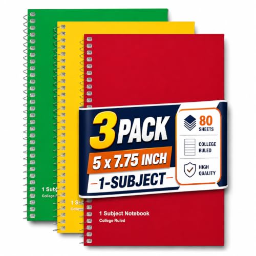 1InTheOffice 1-Subject Wirebound Notebook, College Ruled, 80 Sheets, Spiral Notebook 5x7, 7 3/4" x 5", 3/Pk
