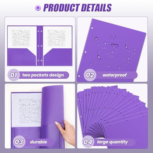 Yeaqee 72 Pcs Plastic Folders with Pockets Bulk 3 Hole Punched 2 Pocket File Folders for 3 Ring Binder Divider Folder for Notebooks, Durable Poly for Office Home (Purple) - color: Purple