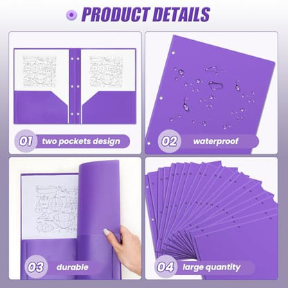 Yeaqee 72 Pcs Plastic Folders with Pockets Bulk 3 Hole Punched 2 Pocket File Folders for 3 Ring Binder Divider Folder for Notebooks, Durable Poly for Office Home (Purple) - color: Purple