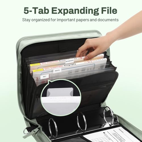 SUNEE Zipper Binder 3 Ring, 3 Inch O-Ring with Handle and Shoulder Strap, 600-Sheet Capacity, 5-Tab Expanding File Folder, Multi-Pockets for Middle School Organizer Binder with Zipper, Sage Green - color: Sage Green