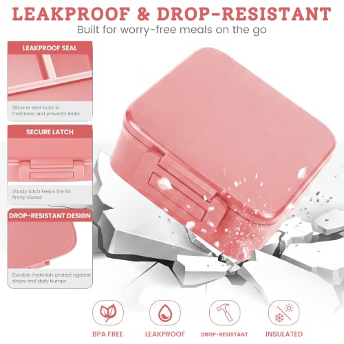 MAISON HUIS Bento Lunch Box with 8oz Soup Thermo, 5-Compartment Leak-Proof Container, Thermo Hot Food Jar and Insulated Lunch Bag, BPA Free,Travel, School (Pink) - color: Pink1