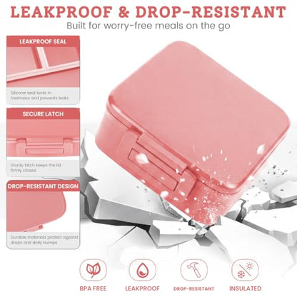 MAISON HUIS Bento Lunch Box with 8oz Soup Thermo, 5-Compartment Leak-Proof Container, Thermo Hot Food Jar and Insulated Lunch Bag, BPA Free,Travel, School (Pink) - color: Pink1