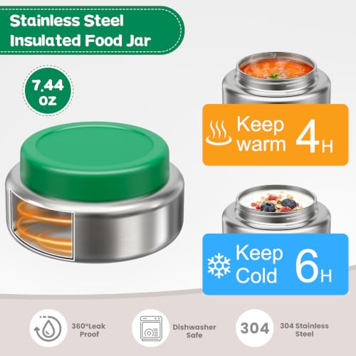 Pawtong Stainless Steel Bento Box Kids Adult with 7oz Insulated Food Jar, Transparent Lid Metal Lunch Box With Soup Thermal Jar, Lunch Box Container with Removable Divider & Sauce Cup School (Green) - color: Green