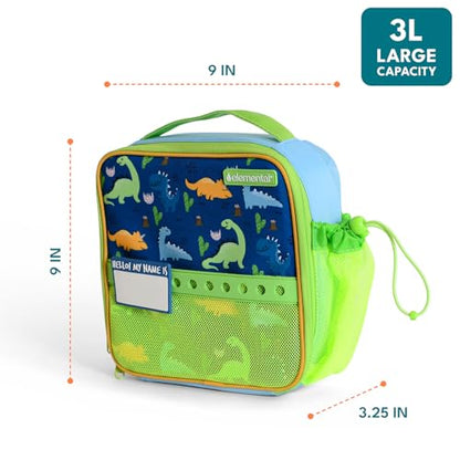 Elemental Insulated Lunch Bag for Kids, with Water Bottle Pocket & Charm Band, Fits Lunch Box, Lunch Bag for School to Keeps Food at Optimal Temperature, 3L - Dinosaur - color: Green