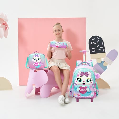 Cute Cat Rolling Backpack with Wheels for Elementary Preschool Students Kids Travel Luggage Carry on Backpack for Girls Ages 6-8 - color: 01 Mermaid Cat