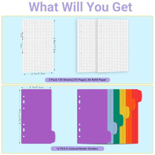 Antner A6 Grid Refill Paper 6-Hole Planner Inserts for A6 6-Ring Refillable Binder, 135 Sheets/270 Pages Graph Loose Leaf Filler Paper with 12 PCS Binder Dividers for Journal Note Math Work - color: Grid Square Paper