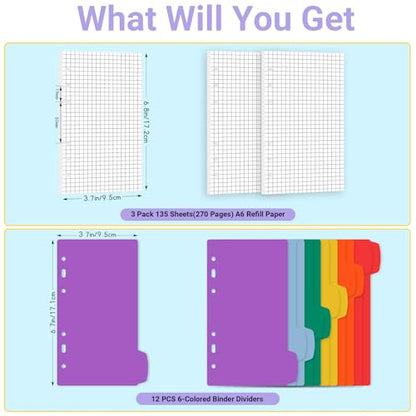 Antner A6 Grid Refill Paper 6-Hole Planner Inserts for A6 6-Ring Refillable Binder, 135 Sheets/270 Pages Graph Loose Leaf Filler Paper with 12 PCS Binder Dividers for Journal Note Math Work - color: Grid Square Paper