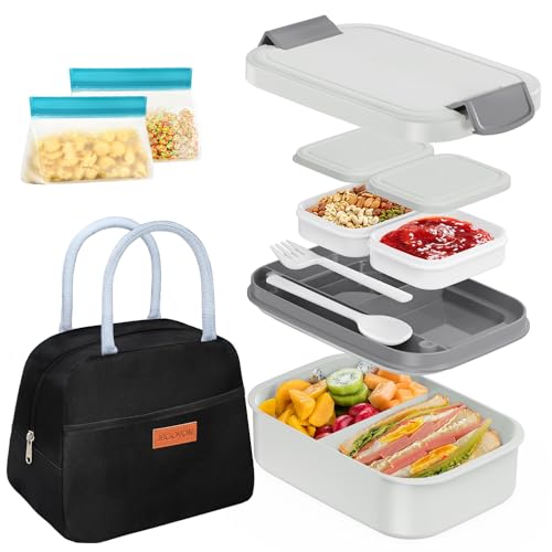 JBGOYON 4-in-1 Bento Box and Insulated Lunch Bag Set, Black/Gray | 6-hour insulation, 7.5 L lunch bag, leakproof 1.9 L container with 2 sauce cups, fork and spoon, 2 snack bags, BPA-fre - color: Gray