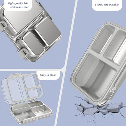 Stainless Steel Bento Box for Kids, 3-Compartment Metal Lunch Box with Clear Lid & Removable Silicone, Lunch Box Kids with Silicone Inner Container for Meal Prep, School, Office (Grey) - color: Grey