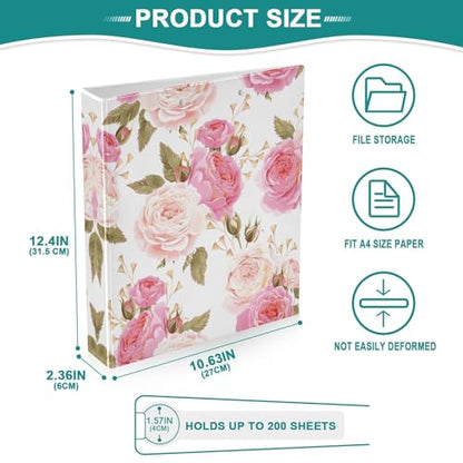 3 Ring Binder, Floral Flower Rose Pink 1.5 inch Round Ring Binder with 3 Inside Clear Pockets, Binders Organizer with Clipboard for Office Home School, Holds 200 Sheets, 1 Pack