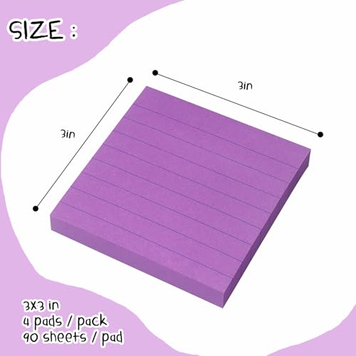 Lined Sticky Notes 3x3 in, Self-Adhesive, 4 Pads, 90 Sheets Each(Purple) | Strong Self-Adhesive Backing, Sticks Firmly and Removes Cleanly - color: Purple