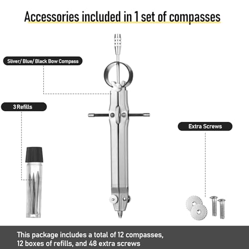 Zonon 30 Pcs Compass for Geometry Drawing Metal Compass with Extra Refills and Screws Circle Maker Back to School Circle Drawing Tool for Math Drafting Measuring Woodworking Office, 3 Colors