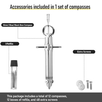 Zonon 30 Pcs Compass for Geometry Drawing Metal Compass with Extra Refills and Screws Circle Maker Back to School Circle Drawing Tool for Math Drafting Measuring Woodworking Office, 3 Colors