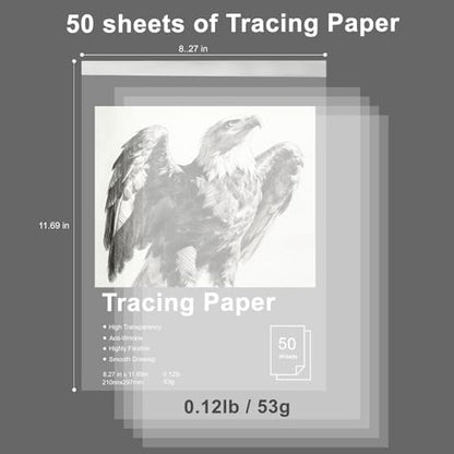 WRJIANGFA Tracing Paper Pad, 50 Sheets, A4 Size 8.27x11.69 Inches, High Transparency, Anti-Wrinkle, 53gsm, for Artists, Architects, Students