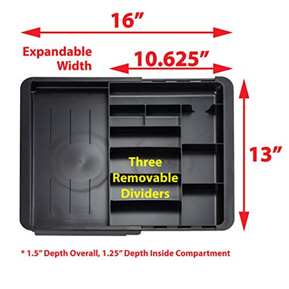 Officemate Expandable Drawer Organizer Tray, Adjustable 10.3"–16" Width, Customizable Compartments with Dividers, Recycled Plastic, Black