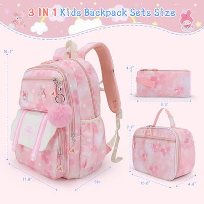 Girls Backpack,Cute Print School Kids Backpack with Insulated Lunch Box Pen Case Set,Kindergarten Elementary School Book Bag for Girls Children Students(3 pieces set -Pink) - color: 3 Pieces Set -Pink