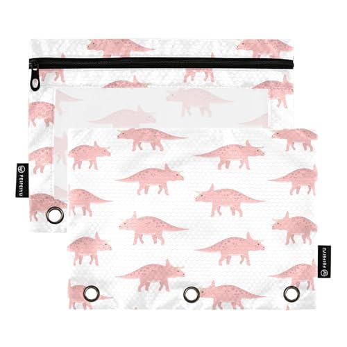 Pencil Pouch for 3 Ring Binder Pink Triceratops Dinosaur 2 Pack Clear Window Pencil Bags with Zipper Pencil Case - color: Multicolored 25